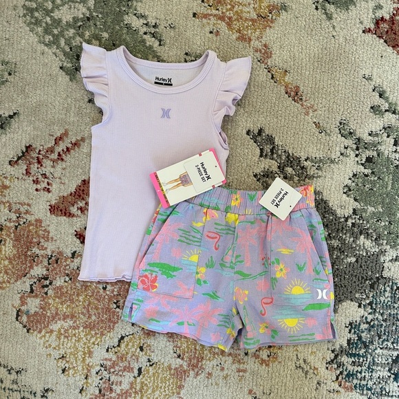 New Hurley Girls 2 Piece Lavender Top & Tropical Shorts Set Matching Outfit Set - Picture 8 of 11